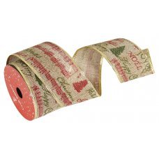 Χριστουγεννιάτικη Διακοσμητική Κορδέλα Μπεζ με Κόκκινες Νότες και Πράσινα Σχέδια (10m)